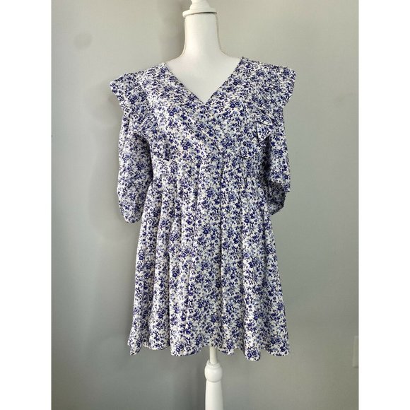 H&M Women’s Blue and White Floral Anglaise Puffed Sleeves Oversized Mini Dress M - Picture 10 of 11